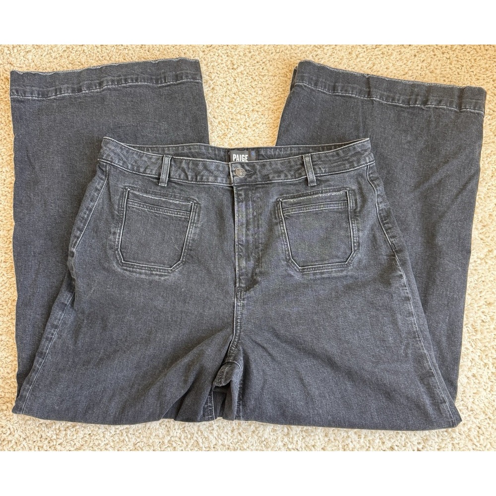 Paige Harper Ankle Jeans Women 33 Black Wide Leg High Rise Patch Pocket Denim